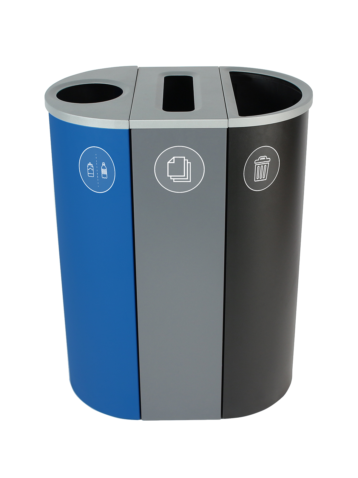 SPECTRUM – Triple – Kit – Cans & Bottles-Paper-Waste – Circle-Slot-Full – Blue-Grey-Black