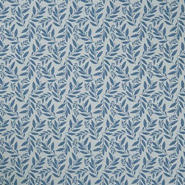 Wallpaper featuring dense repeating blue leaf sprigs on a pale gray background, covering the surface in a uniform botanical pattern; flat, evenly lit close-up suggesting decorative wall covering or fabric.