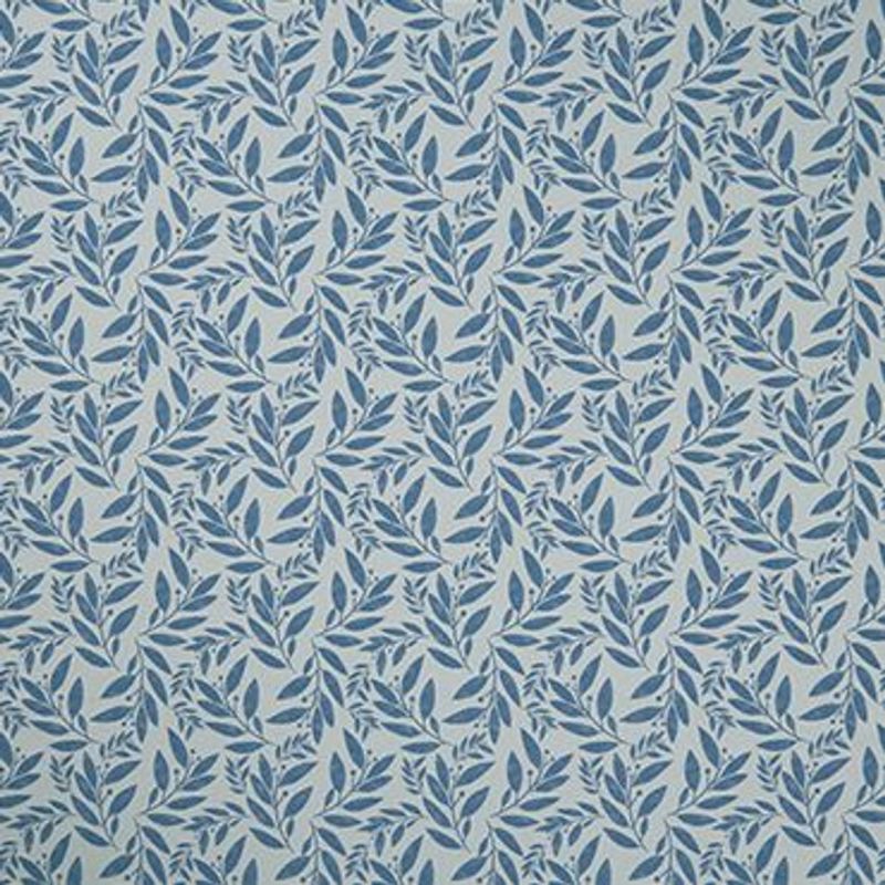 Wallpaper featuring dense repeating blue leaf sprigs on a pale gray background, covering the surface in a uniform botanical pattern; flat, evenly lit close-up suggesting decorative wall covering or fabric.