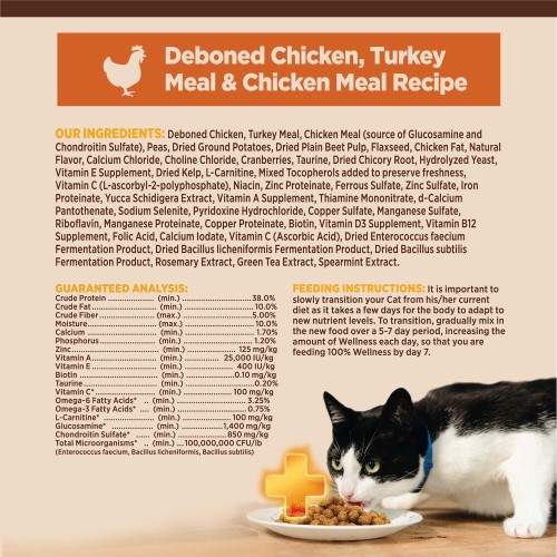 <p>Deboned Chicken, Turkey Meal, Chicken Meal (source of Glucosamine and Chondroitin Sulfate), Peas, Dried Ground Potatoes, Dried Plain Beet Pulp, Flaxseed, Chicken Fat, Natural Flavor, Calcium Chloride, Choline Chloride, Cranberries, Taurine, Dried Chicory Root, Hydrolyzed Yeast, Vitamin E Supplement, Dried Kelp, L-Carnitine, Mixed Tocopherols added to preserve freshness, Vitamin C (L-ascorbyl-2-polyphosphate), Niacin, Zinc Proteinate, Ferrous Sulfate, Zinc Sulfate, Iron Proteinate, Yucca Schidigera Extract, Vitamin A Supplement, Thiamine Mononitrate, d-Calcium Pantothenate, Sodium Selenite, Pyridoxine Hydrochloride, Copper Sulfate, Manganese Sulfate, Riboflavin, Manganese Proteinate, Copper Proteinate, Biotin, Vitamin D3 Supplement, Vitamin B12 Supplement, Folic Acid, Calcium Iodate, Vitamin C (Ascorbic Acid), Dried Enterococcus faecium Fermentation Product, Dried Bacillus licheniformis Fermentation Product, Dried Bacillus subtilis Fermentation Product, Rosemary Extract, Green Tea Extract, Spearmint Extract.<br />
This is a naturally preserved product<br />
Manufactured in a facility that also processes grains</p>
