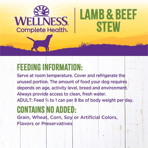 <p>Amount of food required will depend on activity, age, environment and breed. Feed at room temperature and refrigerate unused portion. Always provide access to clean, fresh water.  </p>
<p>Adult: Feed ¾ can per 8 lbs of body weight per day<br />
Combination Feeding: If feeding with Wellness dry food, reduce dry amount fed by 1/2 cup for every 6 oz of wet food.</p>
