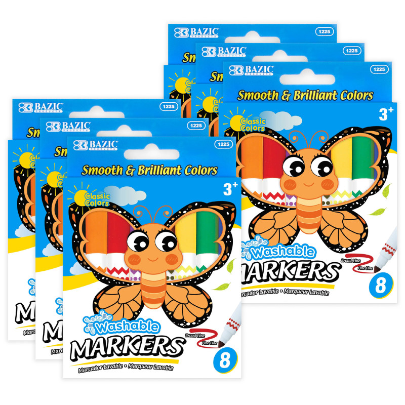 Jumbo Washable Markers, Broad Line, 8 Colors Per Pack, 6 Packs