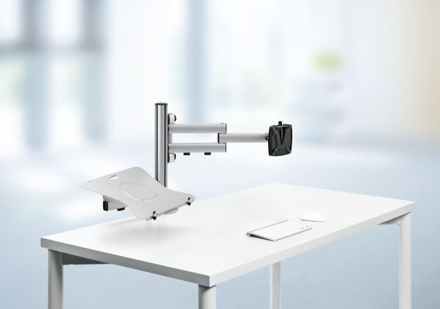 A complete workstation designed to elevate a laptop and a monitor.