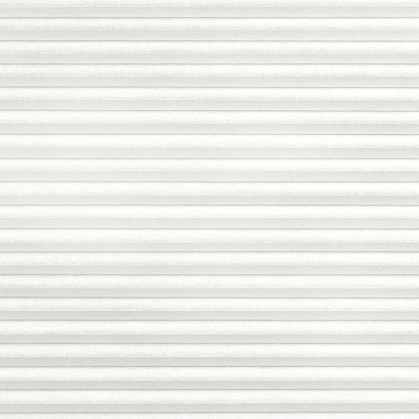 White pleated horizontal blinds, fully lowered and closed with evenly spaced ridges; filtering soft diffused daylight into a neutral, minimally lit interior with no visible view.