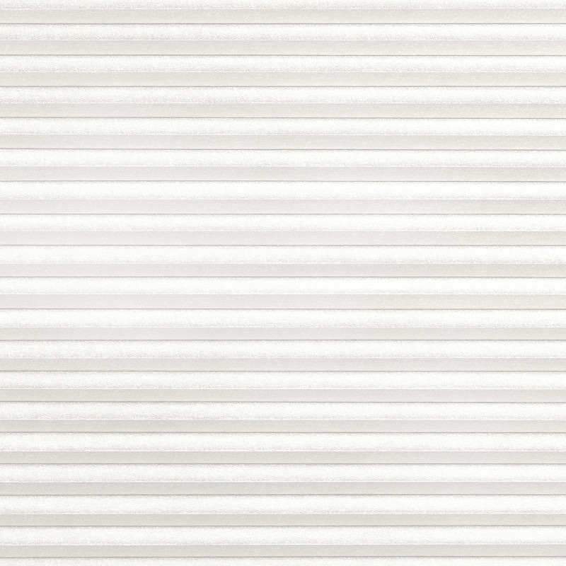 White pleated horizontal blinds, fully lowered and closed with evenly spaced ridges; filtering soft diffused daylight into a neutral, minimally lit interior with no visible view.