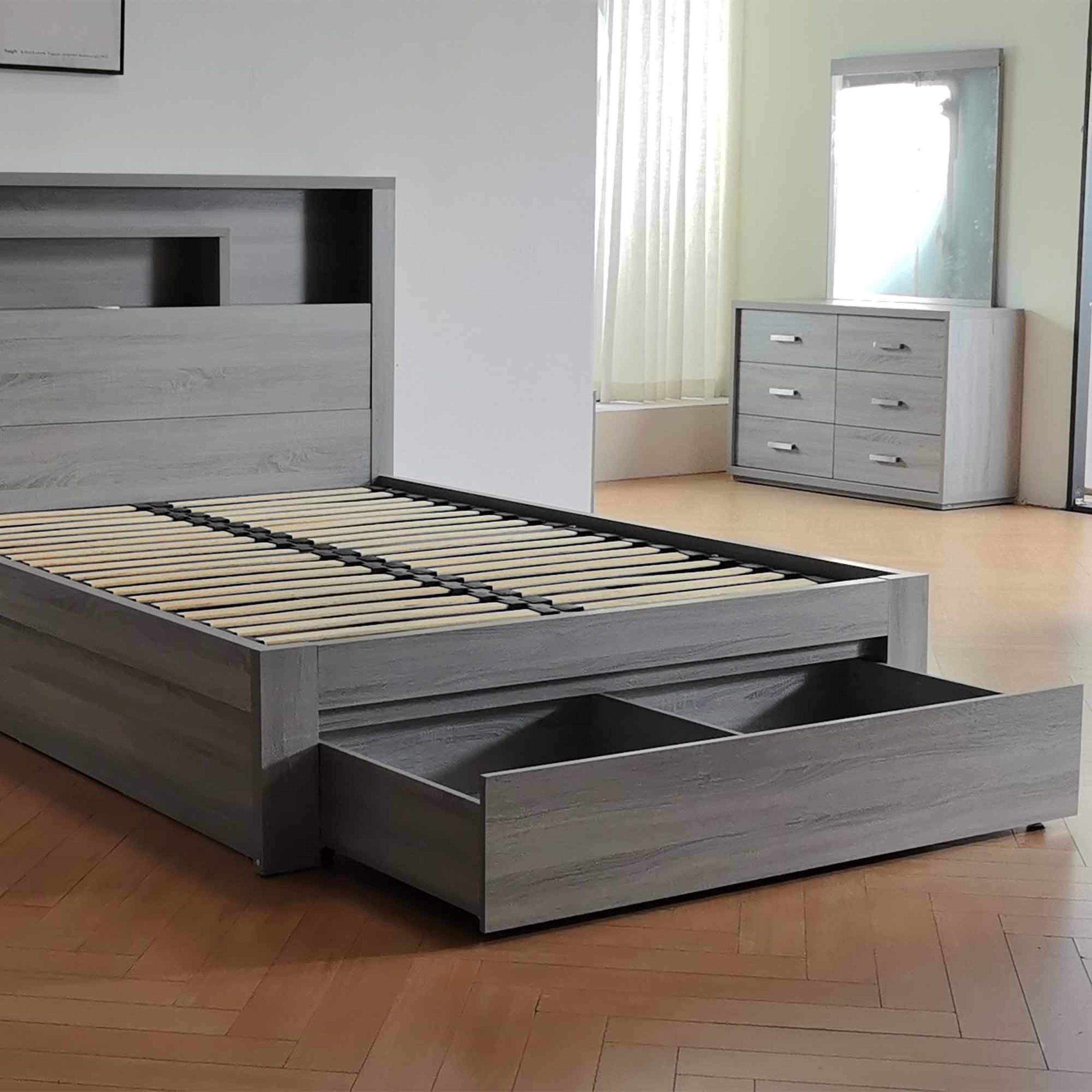 Lifestyle image of the  Bellevue Bed Frame, Front Slat Gas Lift & End Drawer Base, Cement Grey from Forty Winks