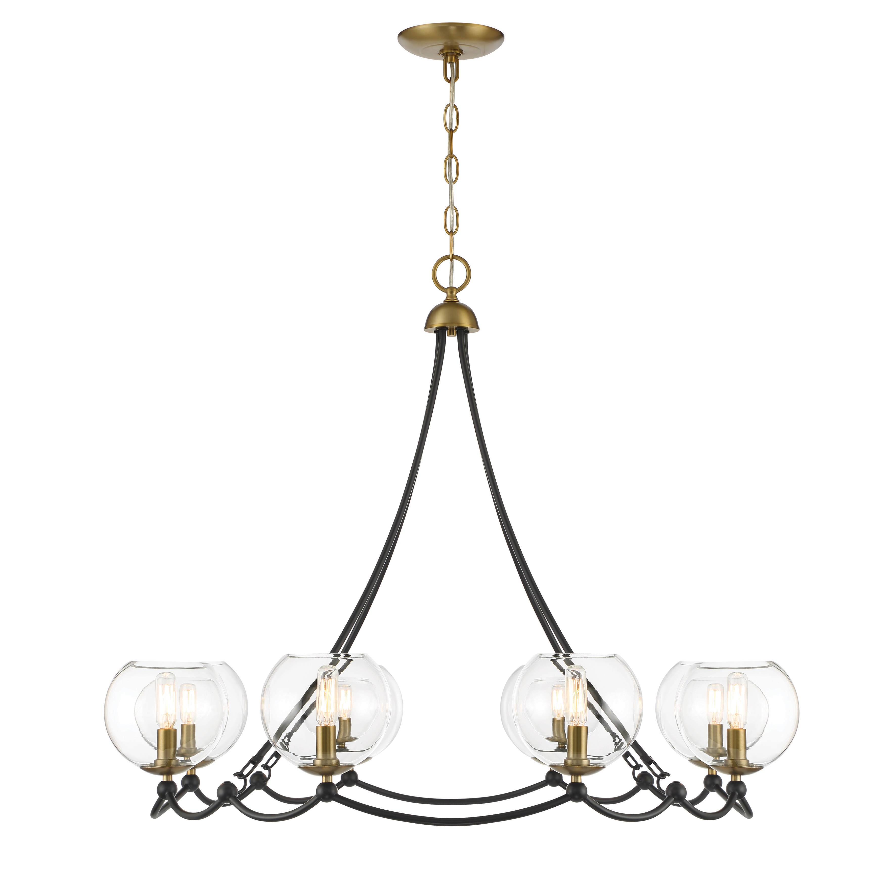 The Kearney Park chandelier combines coal black steel with soft brass accents and clear glass shades for a striking modern aesthetic. Its 35-inch width and 8-light configuration provide substantial illumination perfect for dining rooms and kitchen islands. - alternate view