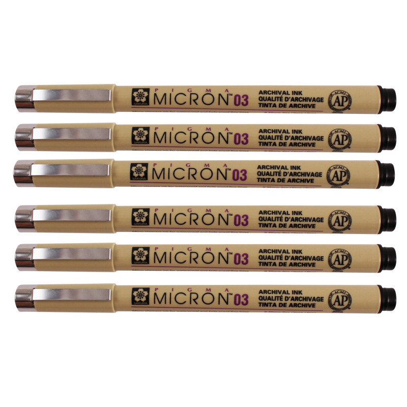 Pigma Micron Pen, Black, 0.35mm Size 03, Pack of 6