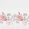Watercolor foliage border of coral ferns, gray eucalyptus clusters and peach star-shaped flowers along the lower edge, layered and translucent, forming a decorative botanical pattern on a pale white background.