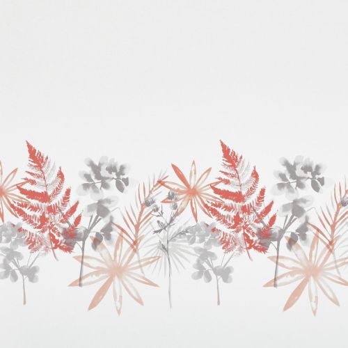 Watercolor foliage border of coral ferns, gray eucalyptus clusters and peach star-shaped flowers along the lower edge, layered and translucent, forming a decorative botanical pattern on a pale white background.