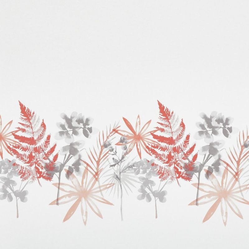 Watercolor foliage border of coral ferns, gray eucalyptus clusters and peach star-shaped flowers along the lower edge, layered and translucent, forming a decorative botanical pattern on a pale white background.