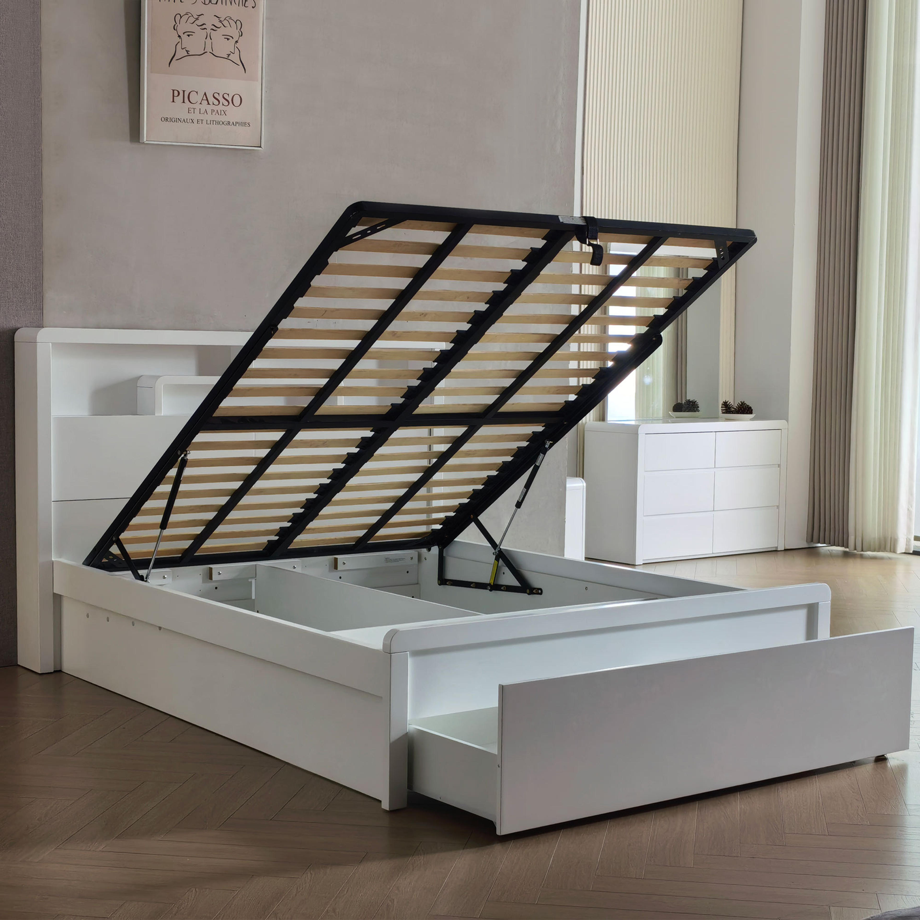 Lifestyle image of the  Aria Bed Frame, Front Slat Gas Lift & End Drawer Base, Ivory White from Forty Winks