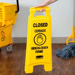 Rubbermaid Commercial, Multilingual "Closed", Wet Floor Sign, Yellow, 26"