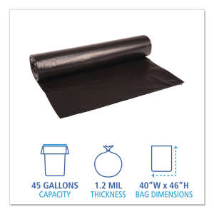 Boardwalk,  LLDPE Liner, 45 gal Capacity, 40 in Wide, 46 in High, 1.2 Mils Thick, Black