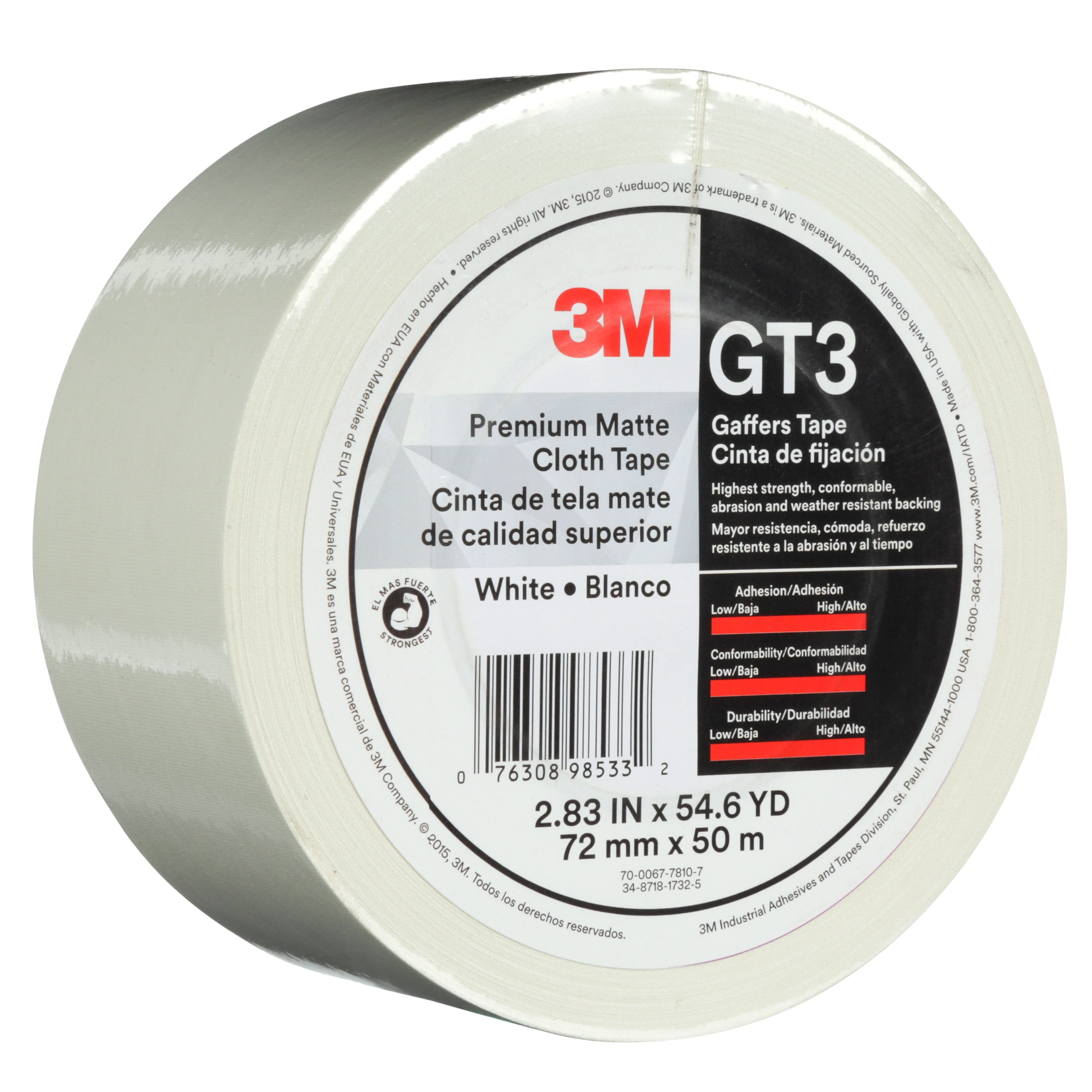 3M™ Premium Matte Cloth (Gaffers) Tape GT3, White, 72 mm x 50 m, 11 mil,
16 per case