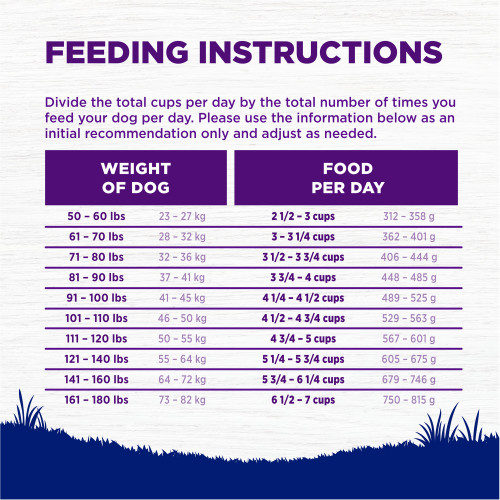 <p>Standard measuring cup holds approximately 4.1 oz (116g) of Wellness Complete Health Grain Free Large Breed Deboned Chicken & Chicken Meal Recipe Dog Food.									</p>
<p>Weight of Dog (lbs)	Weight of Dog (kg)	Cups per Day		Grams per Day<br />
50 – 60 	23 -27	2 1/2 – 3		312 – 358<br />
61 – 70	28 -32	3 – 3 1/4		362 – 401<br />
71 – 80	32 – 36	3 1/2 – 3 3/4		406 – 444<br />
81 – 90	37 – 41	3 3/4 – 4		448 – 485<br />
91 – 100	41 – 45	4 1/4 – 4 1/2		489 – 525<br />
101 – 110	46 – 50	4 1/2 – 4 3/4		529 – 563<br />
111 – 120	50 –  55	4 3/4 – 5		567 – 601<br />
121 – 140	55 – 64	5 1/4 – 5 3/4 		605 – 675<br />
141 – 160	64 – 72	5 3/4 – 6 1/4		679 – 746<br />
161 – 180	73 – 82	6 1/2 – 7		750 – 815					</p>
<p>Dogs over 180 lbs (82 kg): Add approximately 1/3 cup (35g) for every 10 lbs (4.5kg) over 180 lbs.									</p>
<p>Combination Feeding: If feeding with Wellness wet food, reduce dry amount fed by 1/3 cup (49g) for every 6 oz (170g) of wet food.									</p>
