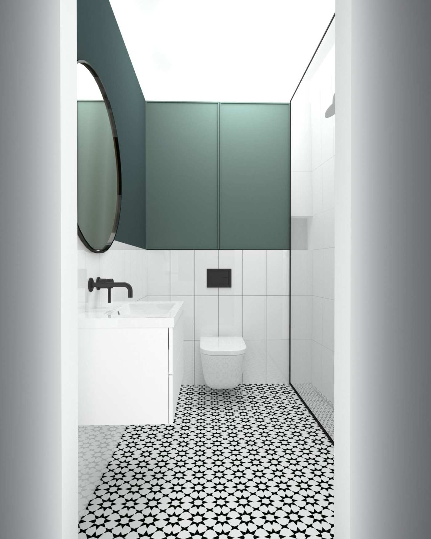 a bathroom with a black and white tiled floor.