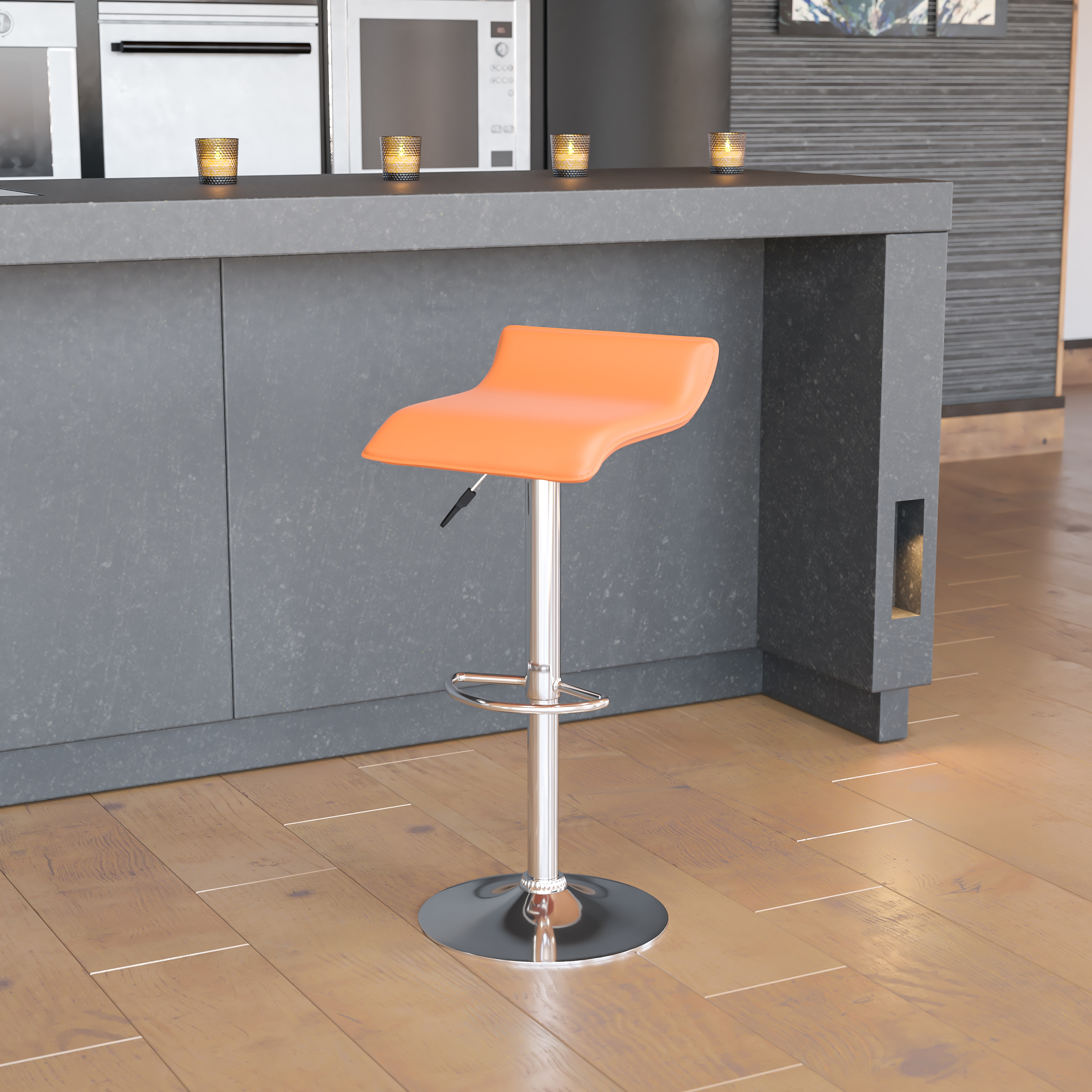 Taburete de bar de vinilo negro altura ajustable con asiento ondulado sólido - Imagen 12 de 31