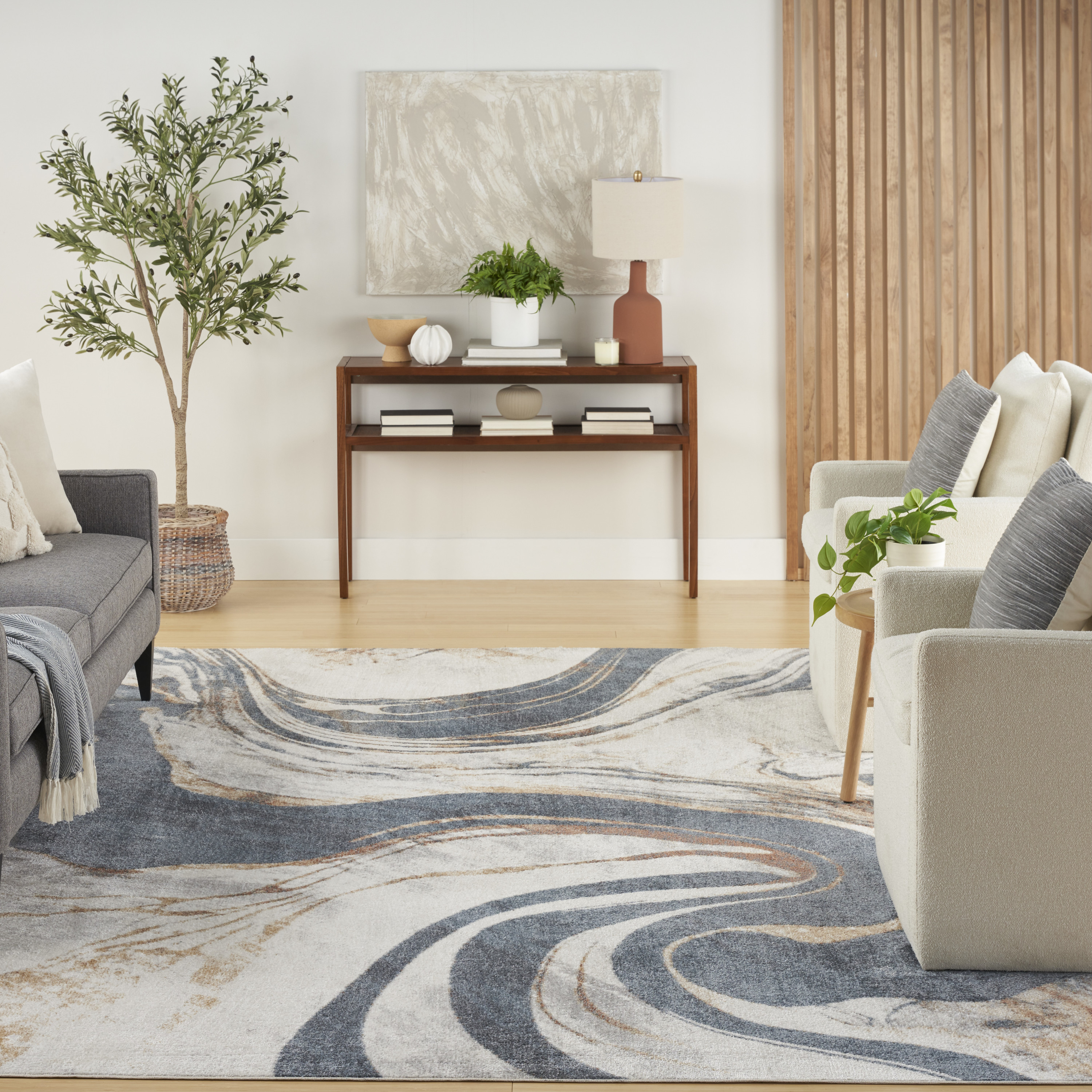 Nourison Astra Machine Washable 6'7" x 9' Ivory Blue Modern Indoor Rug