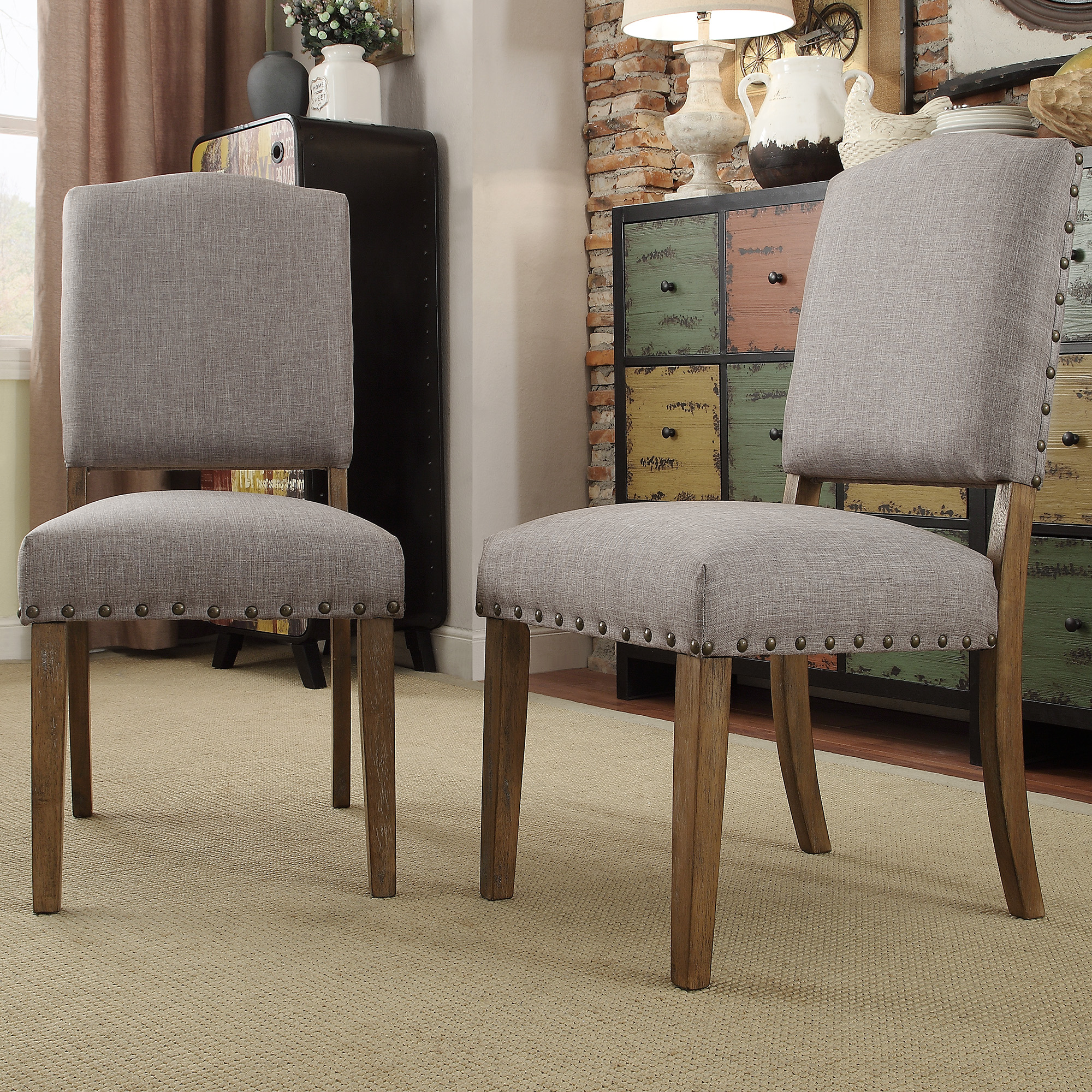 Nailhead Linen Upholstered Dining Chairs (Set of 2)