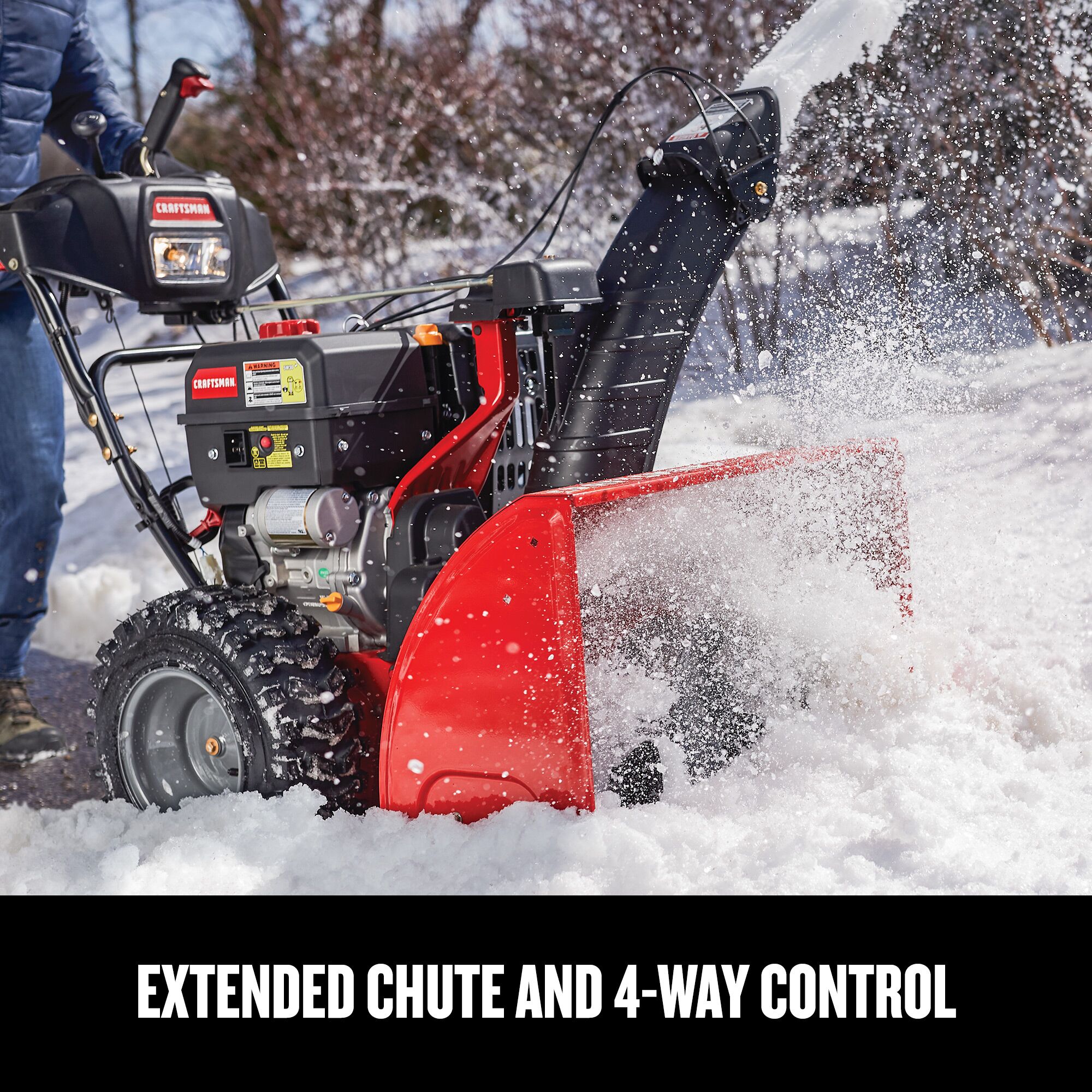 CRAFTSMAN 28-in 357cc Electric Start Three-Stage Snow Blower focused in on extended chute and 4-way control