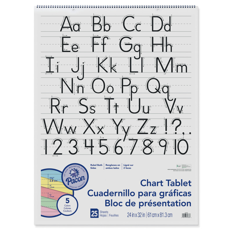 Colored Paper Chart Tablet, Manuscript Cover, 5 Assorted Colors, 1-1/2" Ruled, 24" x 32", 25 Sheets