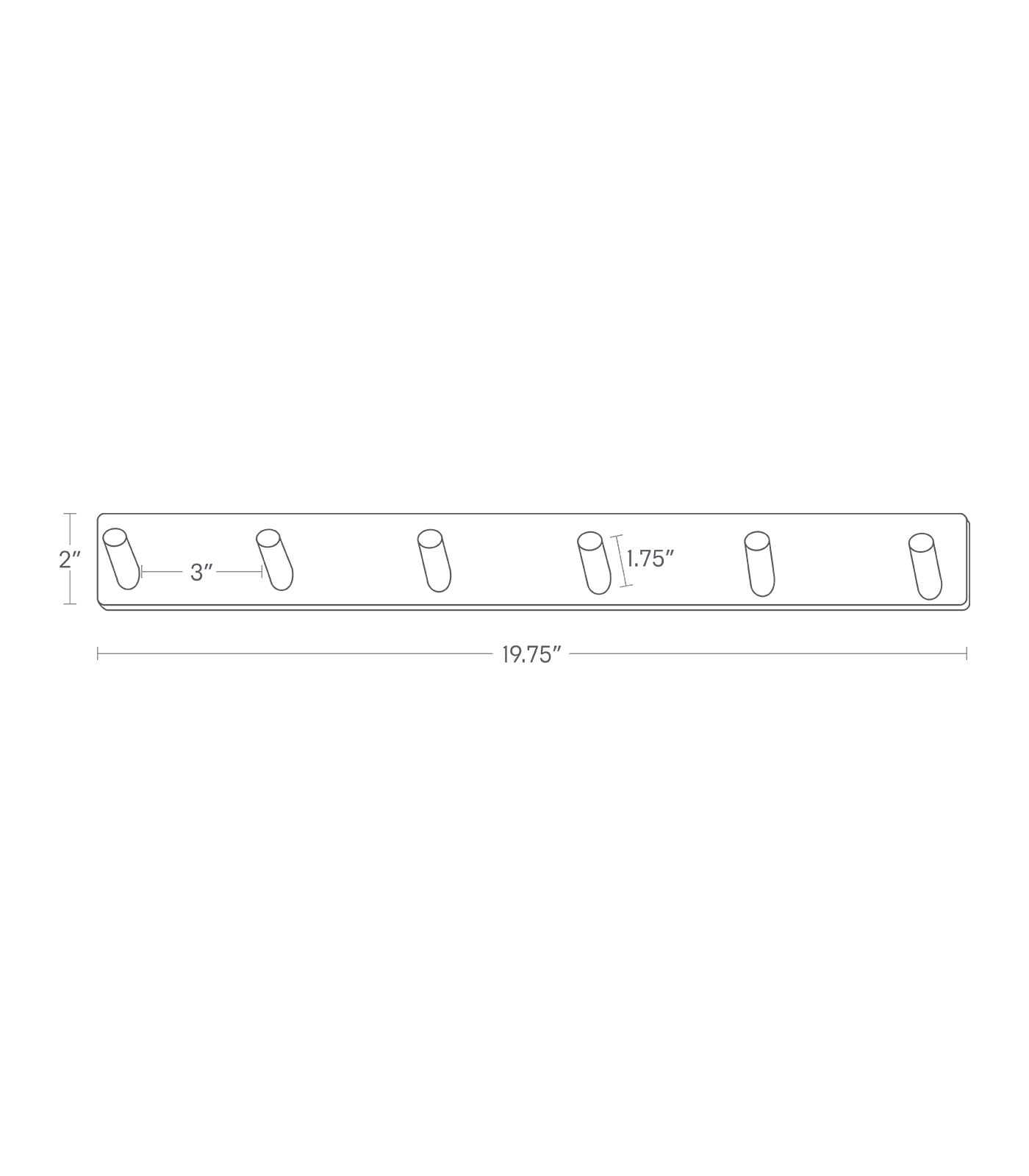Dimension image for Wall-Mounted Coat Rack showing height of 2 inches, width of 19.75 inches and 3 inches between bars, a bar lenth of 1.75 inches