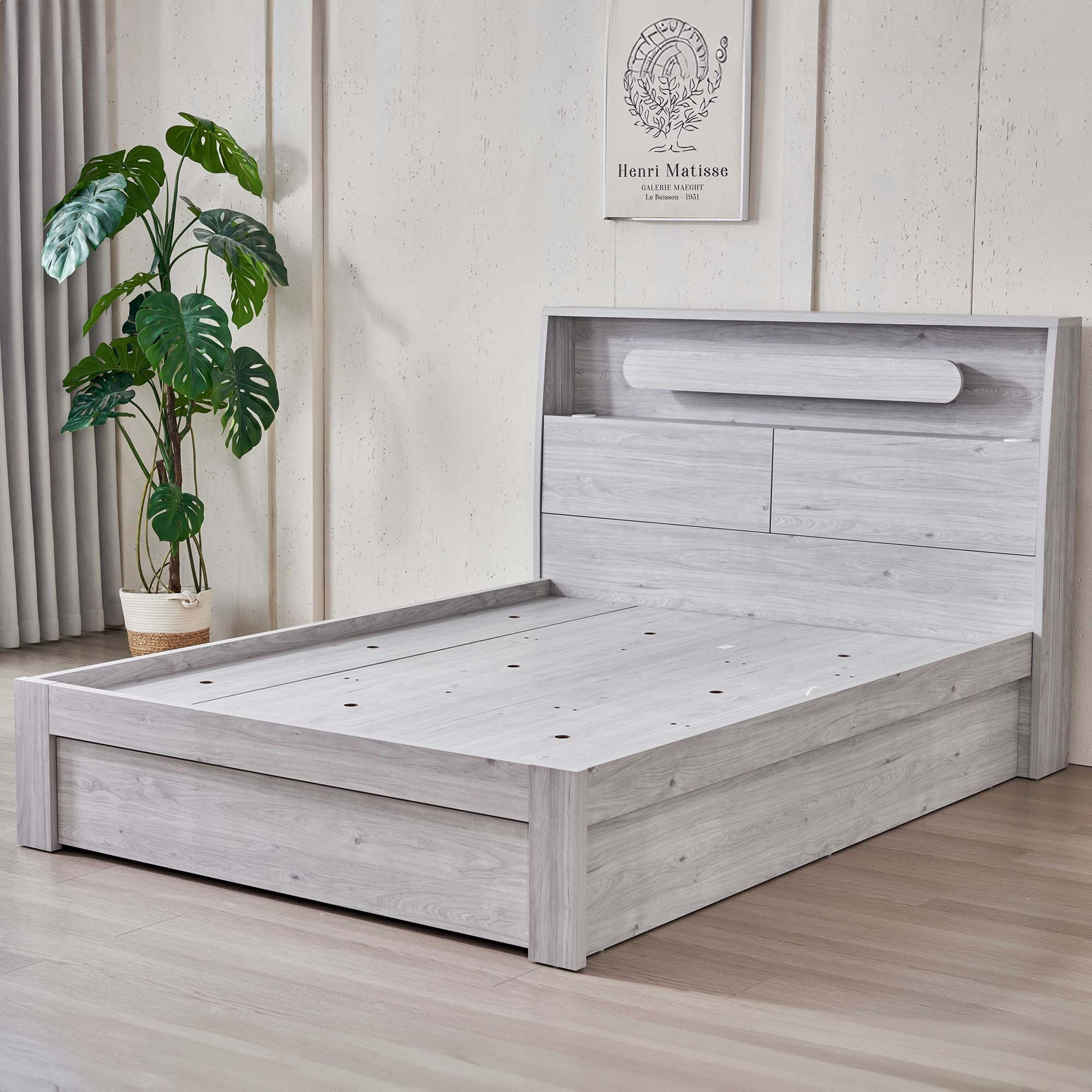 Lifestyle image of the  Nova Bed Frame, Side Board Lift & End Drawer Base, Stone Oak from Forty Winks
