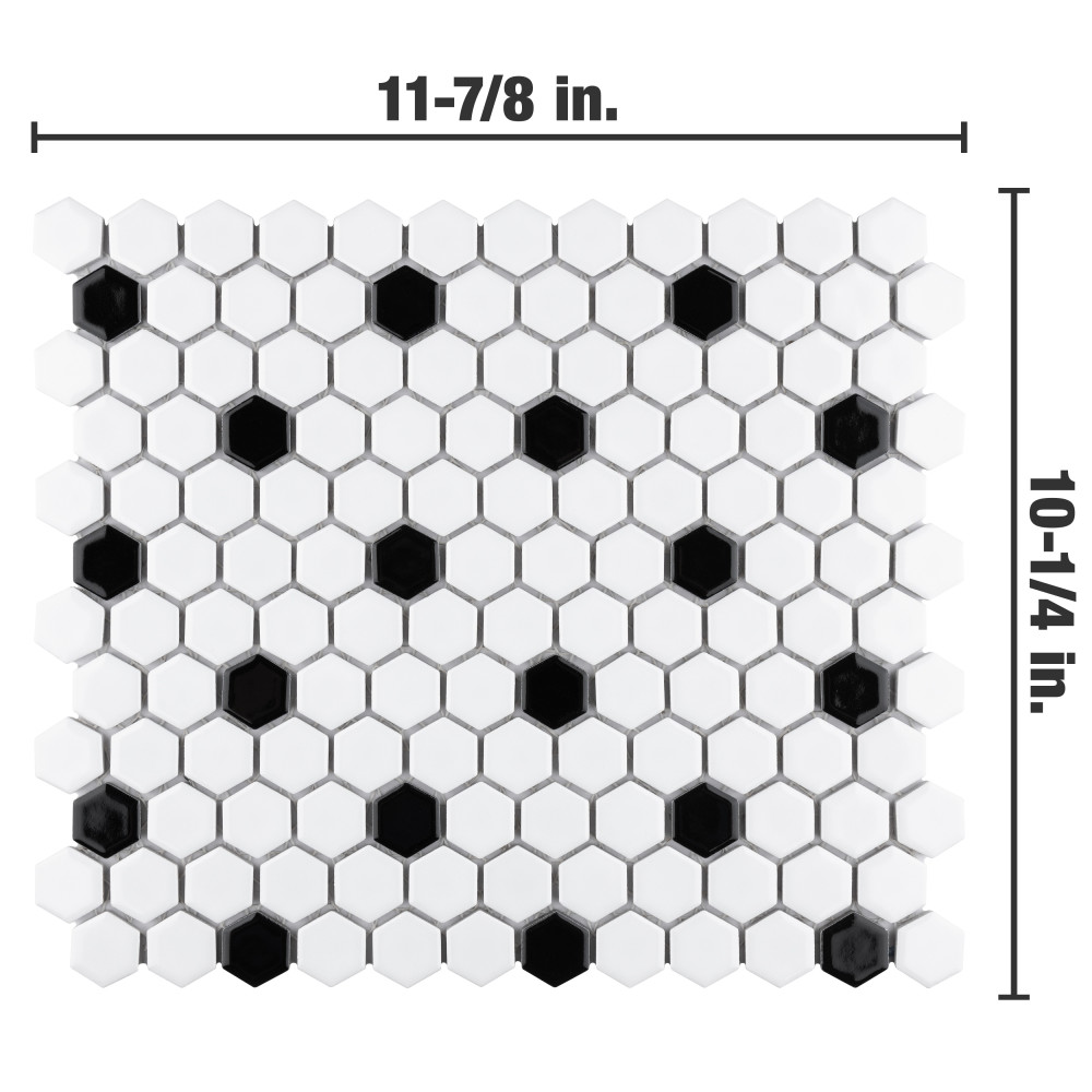 Metro 1″ Hex Glossy White w/Black Dot 10-1/4 in. x 11-7/8 in. Porcelain Mosaic Tile