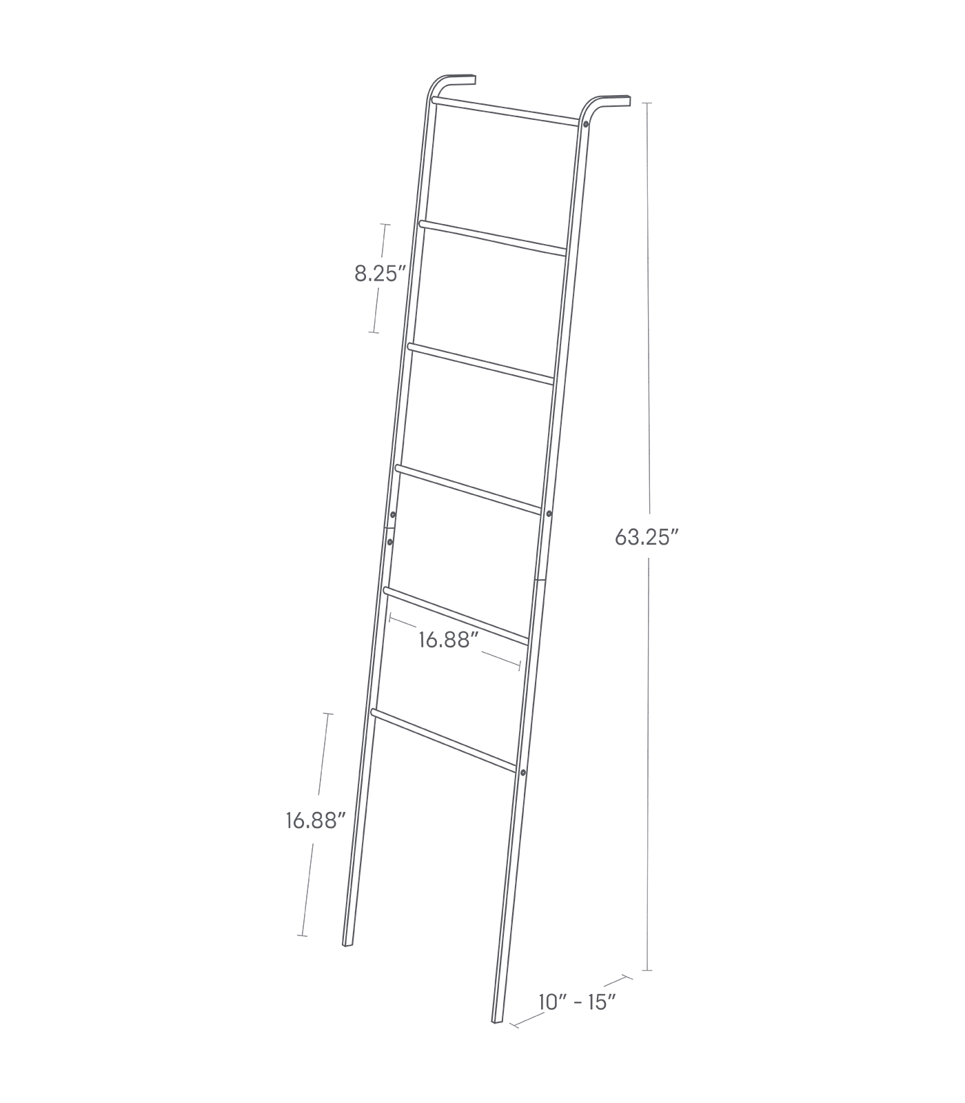 Dimension Image for Leaning Storage Ladder on a white background showing height of 63.25 inches, distance from wall to bottom of ladder between 10 inches and 15 inches, distance from floor to bottom rung of 16.88 inches, internal width of 16.88 inches, and distance between runghs of 8.25 inches.