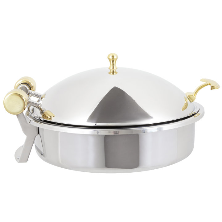 6-quart Intrigue® round stainless steel induction chafer with brass trim