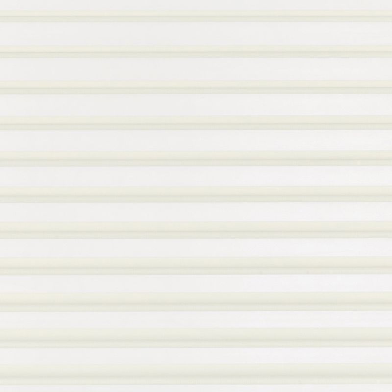 Sheer horizontal zebra blinds fully lowered, alternating opaque and translucent ivory bands; filtering soft daylight and diffusing light into a neutral, minimally furnished interior with no outside view.