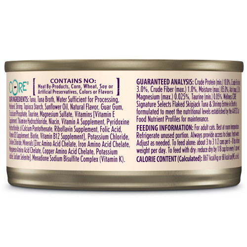 Wellness CORE Signature Selects Flaked Skipjack Tuna & Shrimp in Broth back packaging