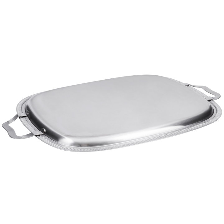 23 ½-inch Elegant Reflections oblong stainless steel serving tray with handles