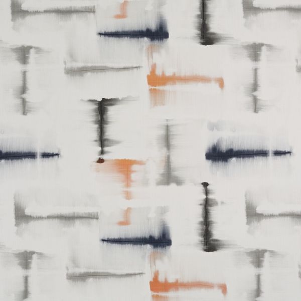 Abstract fabric pattern of rectangular blurred brushstrokes (navy, gray, rust) across a white background; strokes appear water‑bled and horizontally/vertically smudged; evokes modern textile or wallpaper.