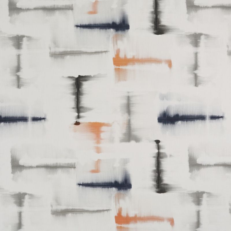 Abstract fabric pattern of rectangular blurred brushstrokes (navy, gray, rust) across a white background; strokes appear waterâ€‘bled and horizontally/vertically smudged; evokes modern textile or wallpaper.