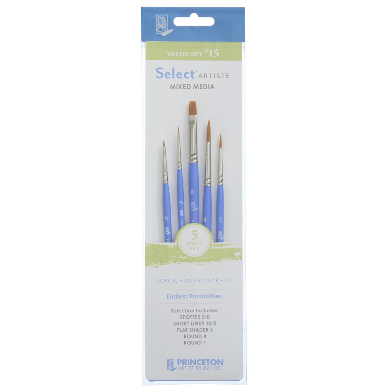 Select Artiste Brush Set No. 15, Synthetic Bristles, Short Handle Mixed Media Paintbrush, Jewel Blue, 5 Pieces