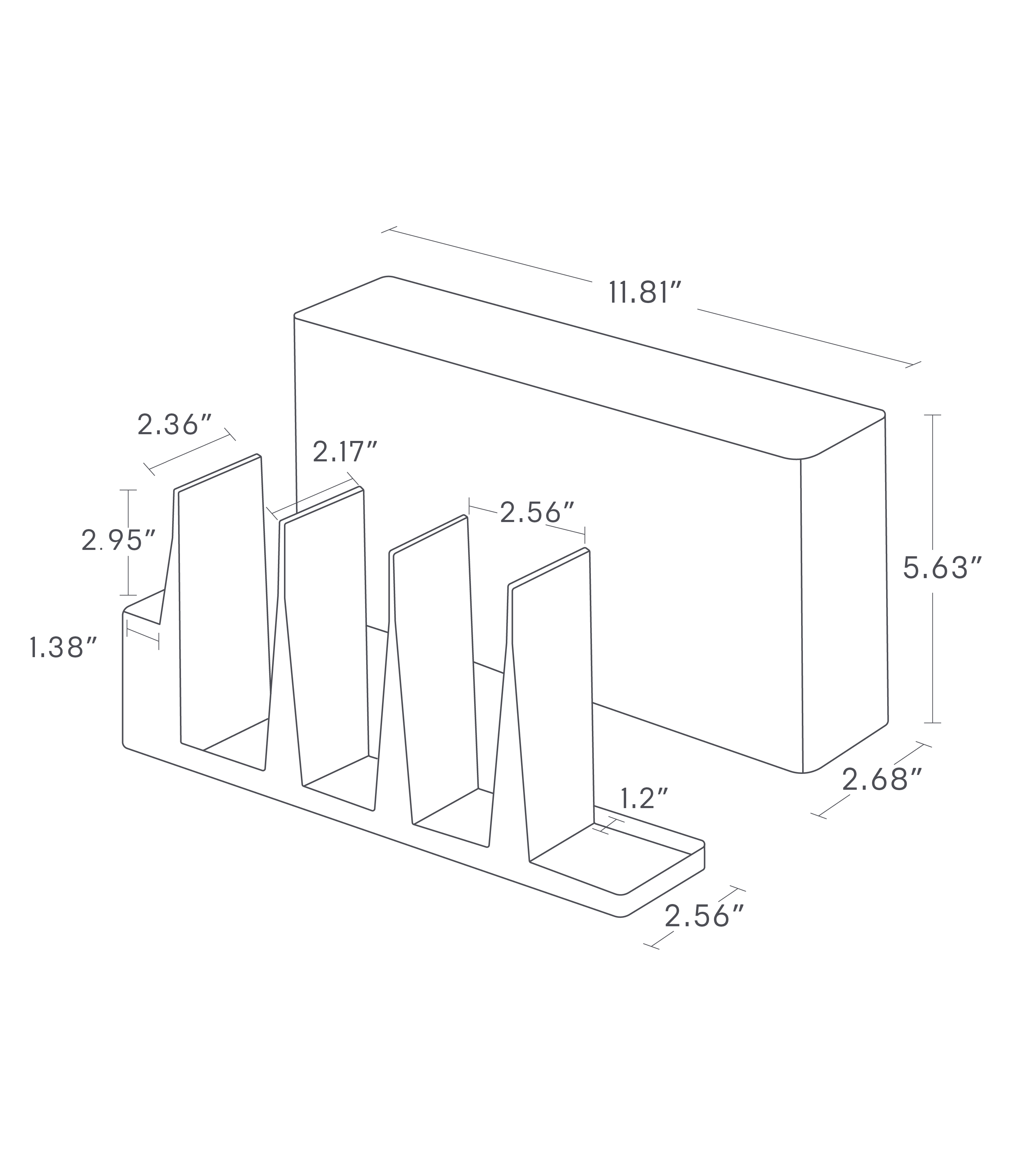 Dimension image for Utensil & Thin Cutting Board Holder showing the dimensions of a rectangular object. Length: 11.81 inches, height: 5.63 inches, depth: 2.68 inches. It includes three slots with widths of 1.2 inches, 2.56 inches, and 2.17 inches, and additional detailed measurements for each section.