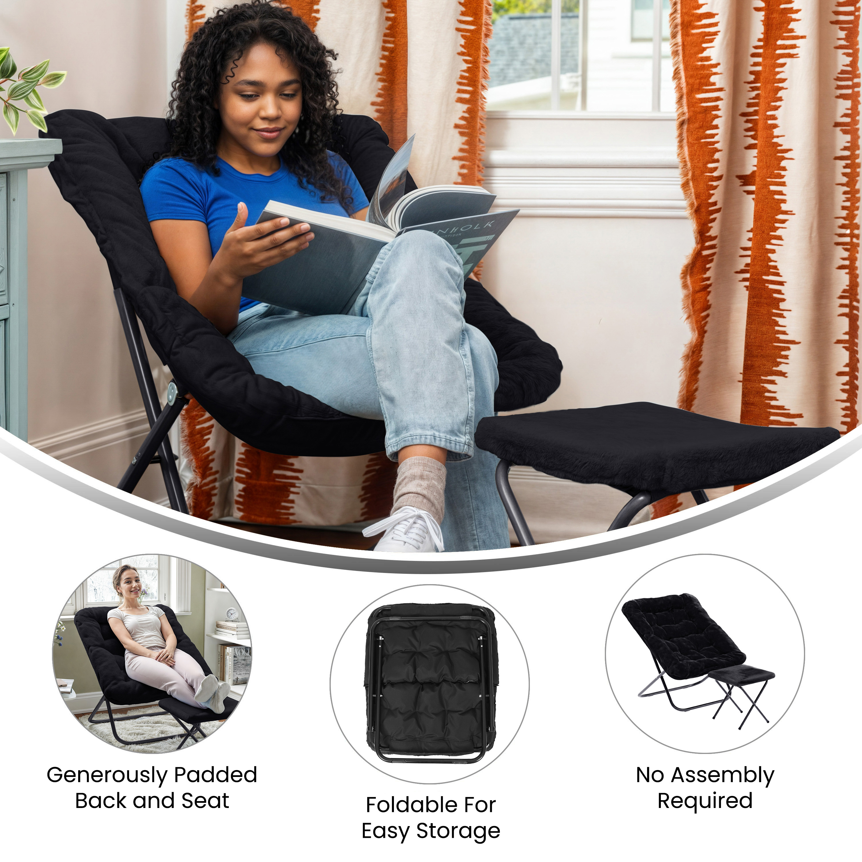 Archer 28" Oversized Portable Faux Fur Folding Saucer Chair with Folding Otto... - Picture 4 of 49