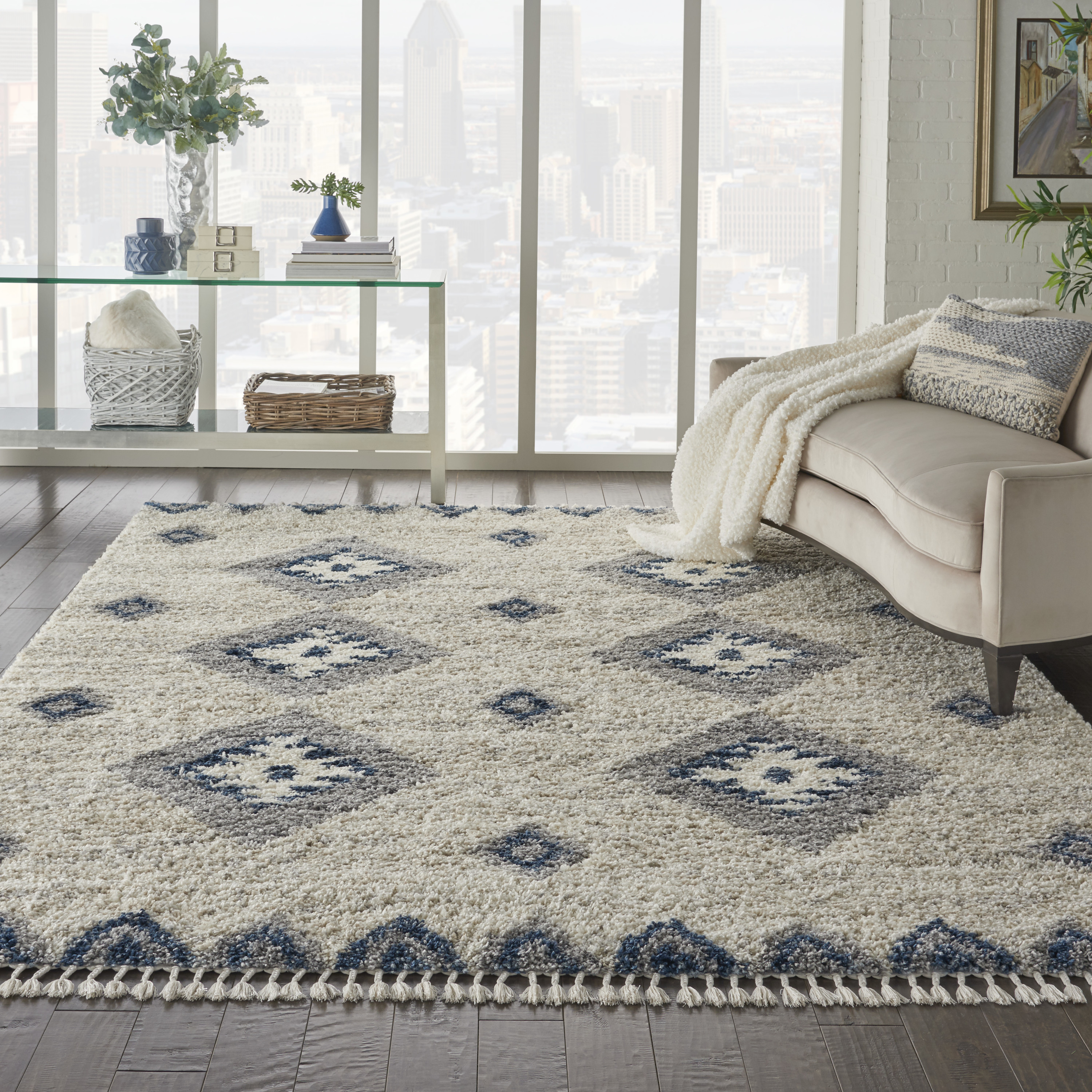Nourison Oslo Shag 7'10" x 10'6" Ivory/Blue Shag Indoor Rug
