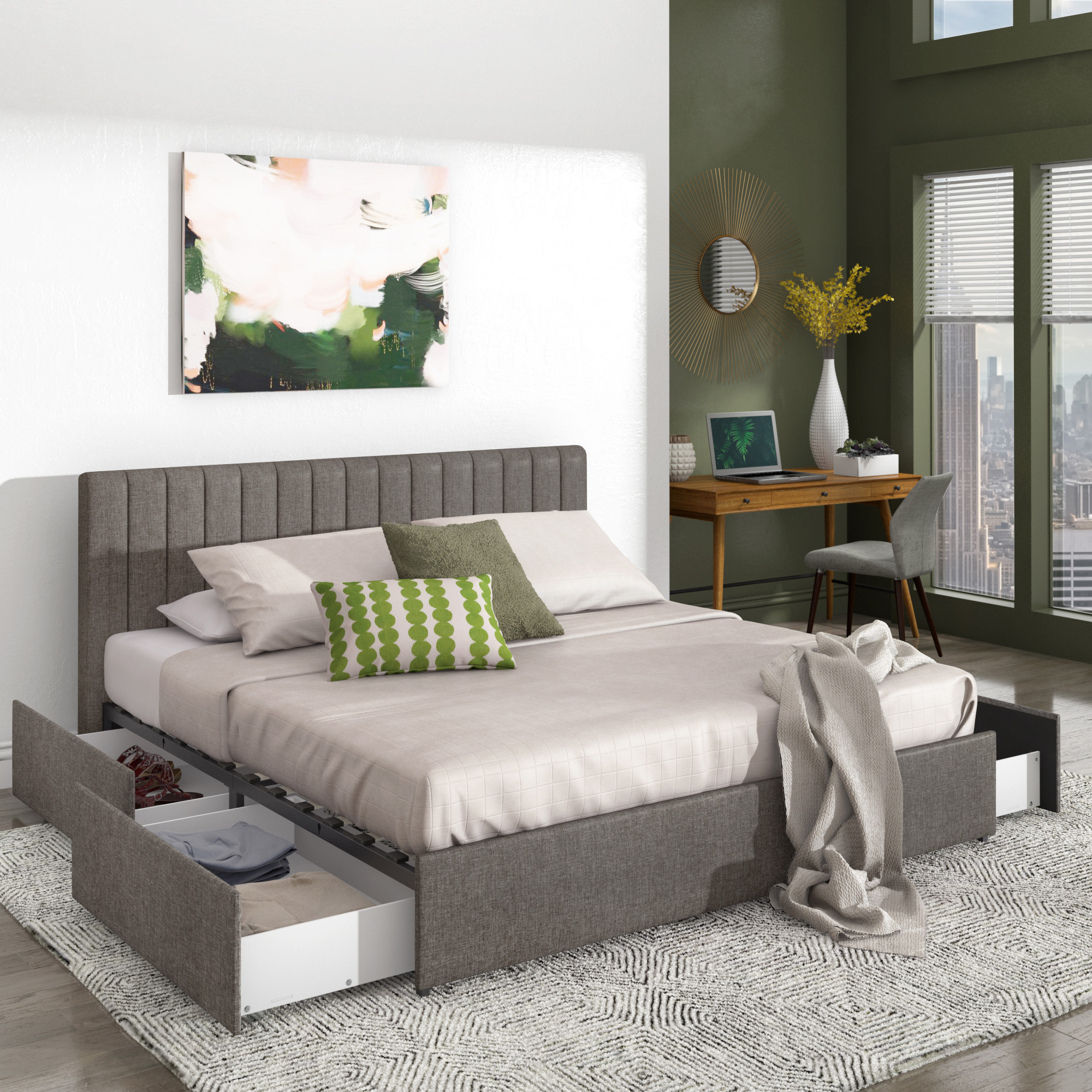 Grey Linen Upholstered Storage Platform Bed with Channel Headboard
