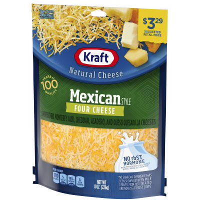 Kraft Mexican Style Four Cheese Shredded Cheese, 8 oz Bag