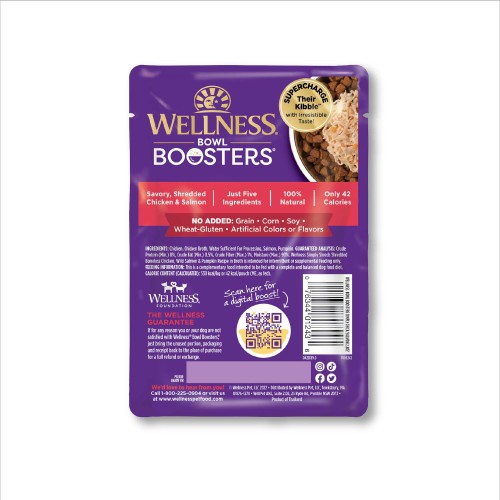 Wellness Bowl Boosters Simply Shreds Wild Salmon & pumpkin back packaging