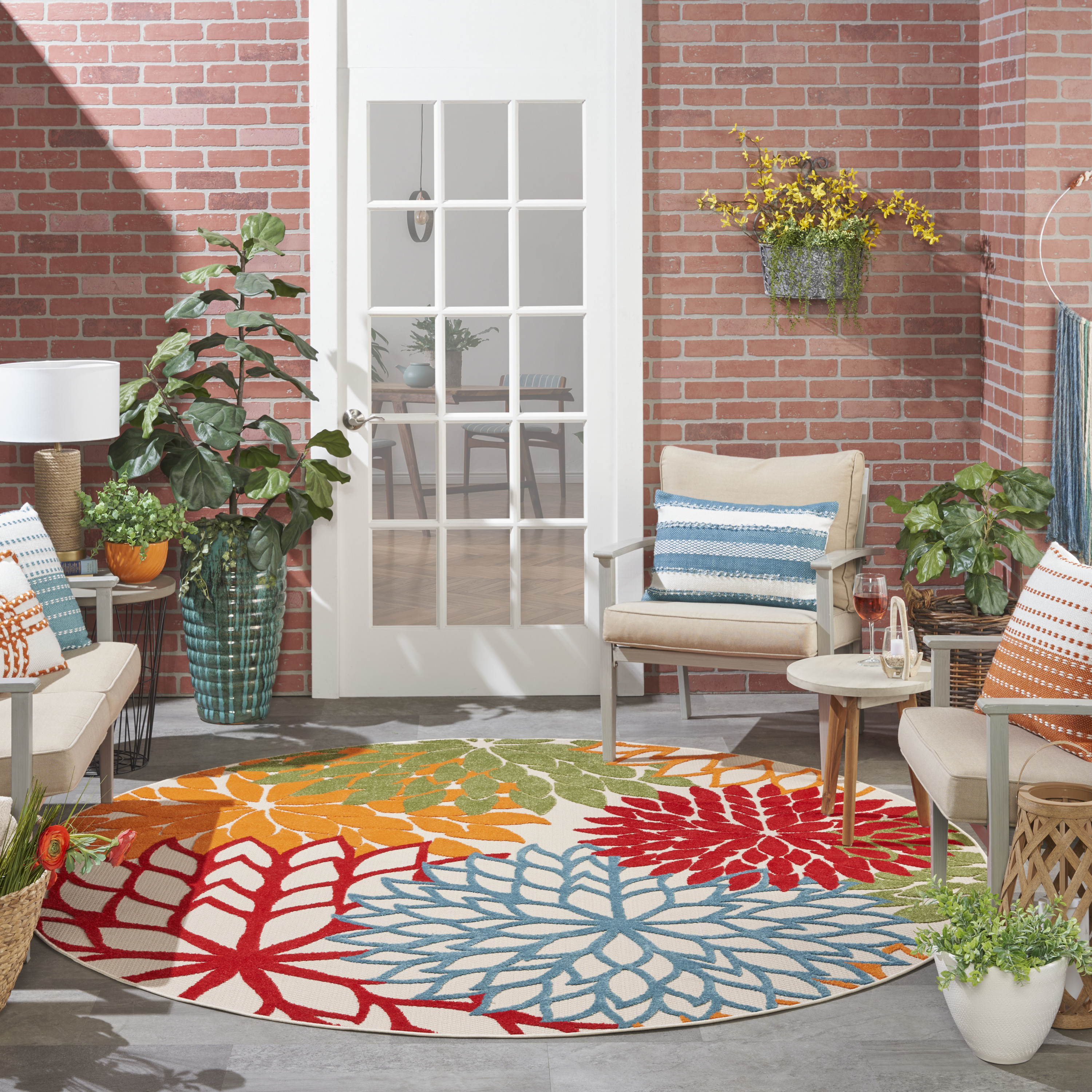 Nourison Aloha 5'3" x Round Green Tropical Rug