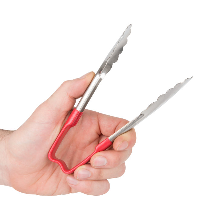 6-inch stainless steel one-piece scalloped tongs with red Kool-Touch® handle
