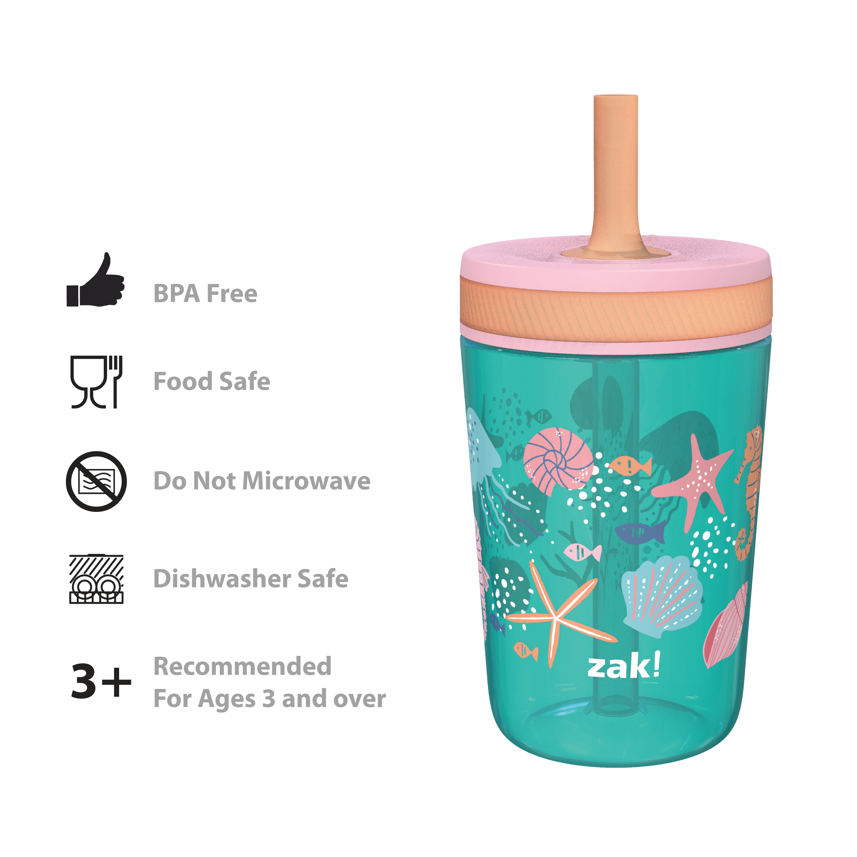 Zak Hydration 15  ounce Plastic Tumbler with Lid and Straw, Sea Shells, 2-piece set slideshow image 6