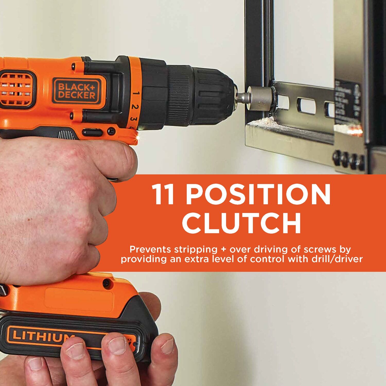 Person using a Black and Decker 20 volt max lithium ion cordless drill/driver to assemble a tv mount to a wall