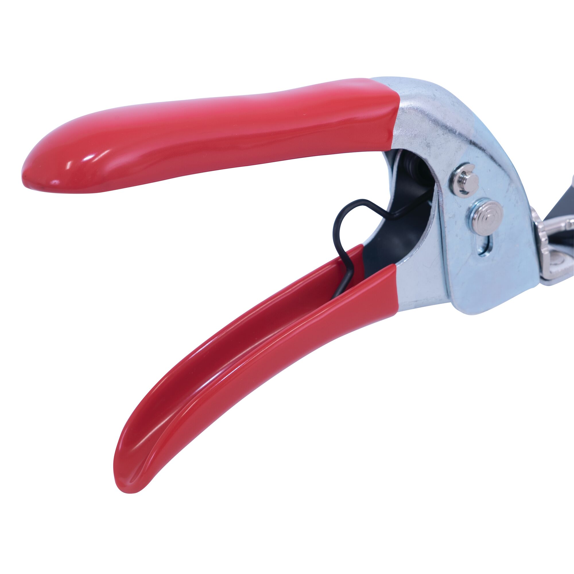 Soft-touch grip handle feature of swivel grass shears.