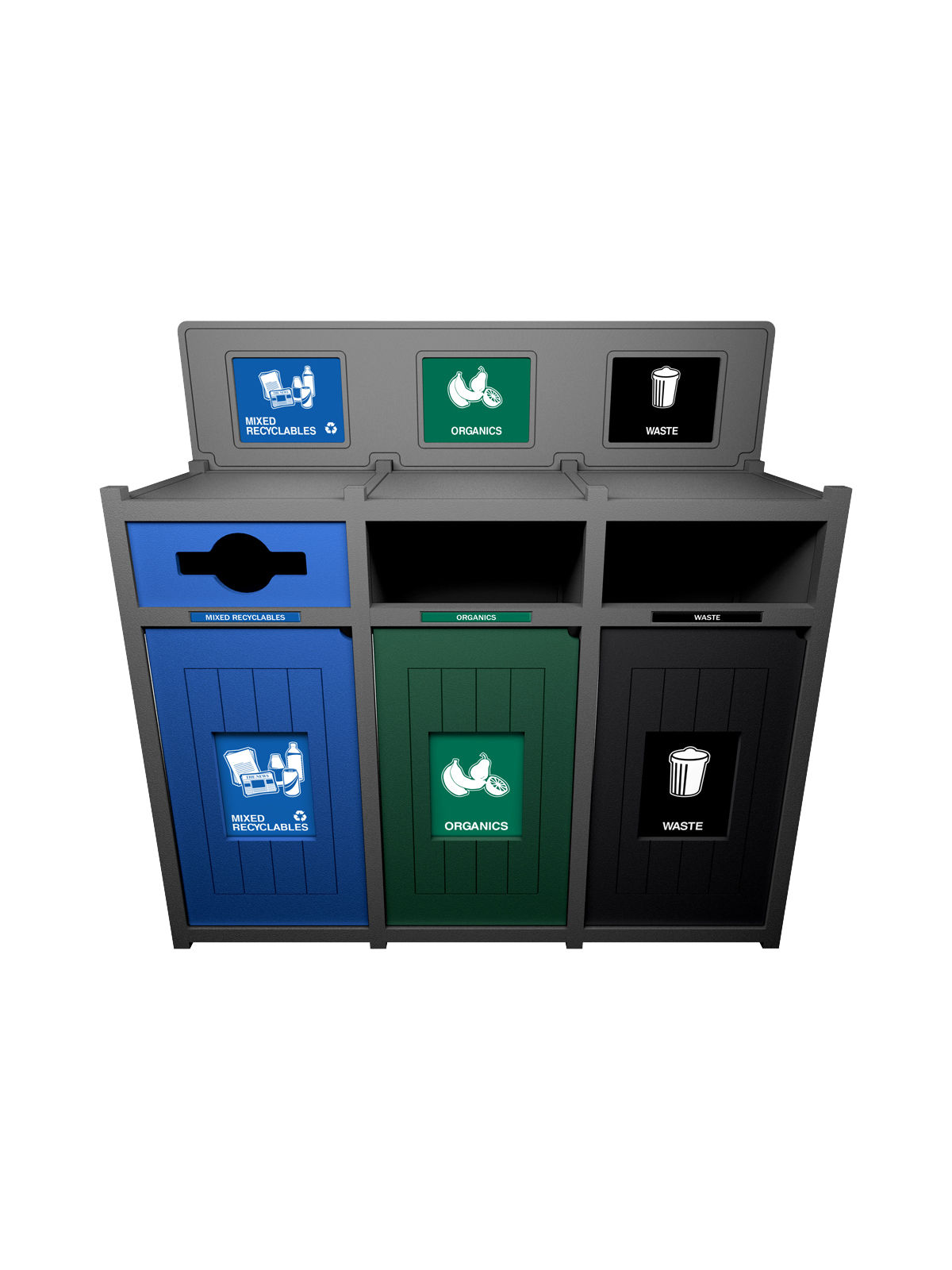 VISION – Triple – Unit – Mixed Recyclables-Organics-Waste – Mixed-Full-Full – Grey-Blue-Green-Black