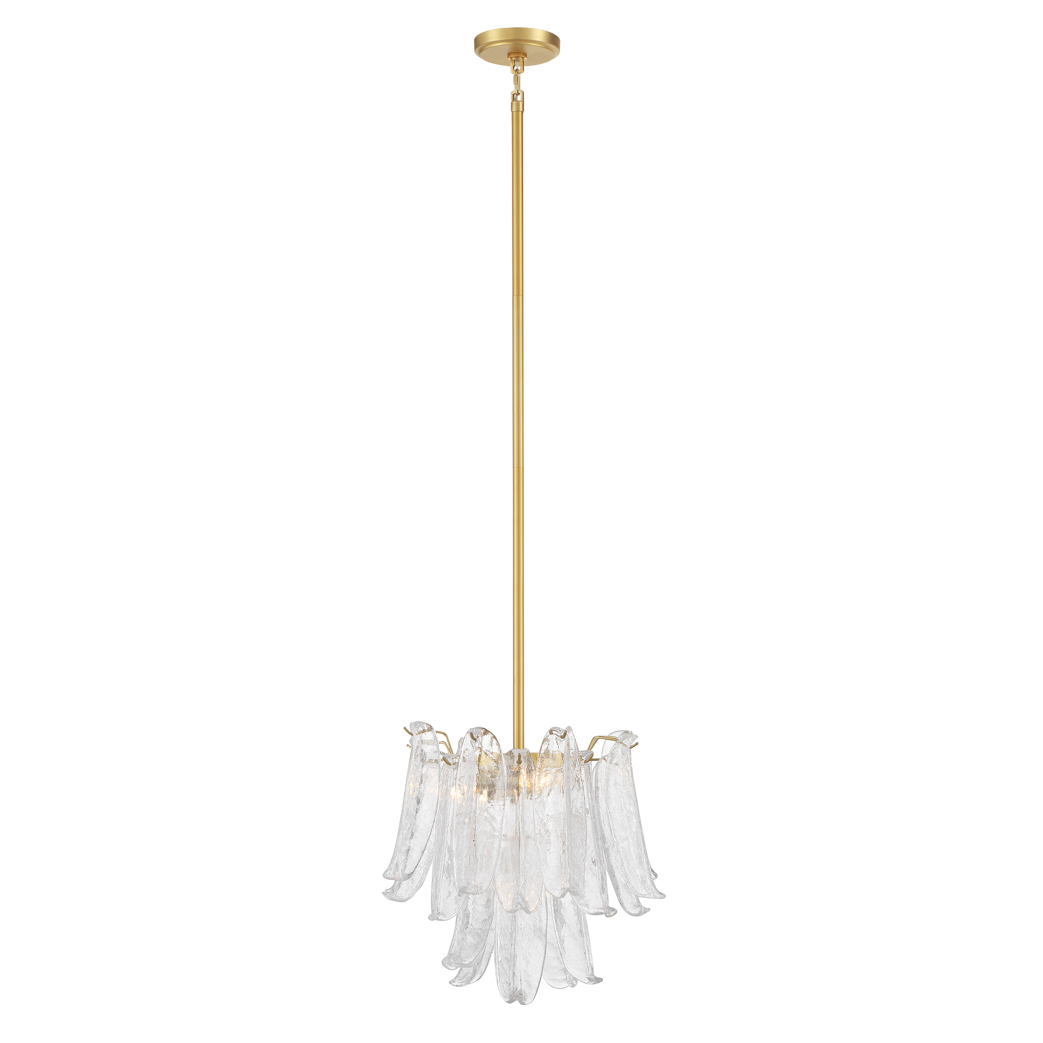 The Regent 4-Light Chandelier combines warm Legacy Brass finish with distinctive clear crackled glass shades, creating a sophisticated focal point. Its compact 17.75" size makes it versatile for smaller dining areas and intimate spaces. - alternate view